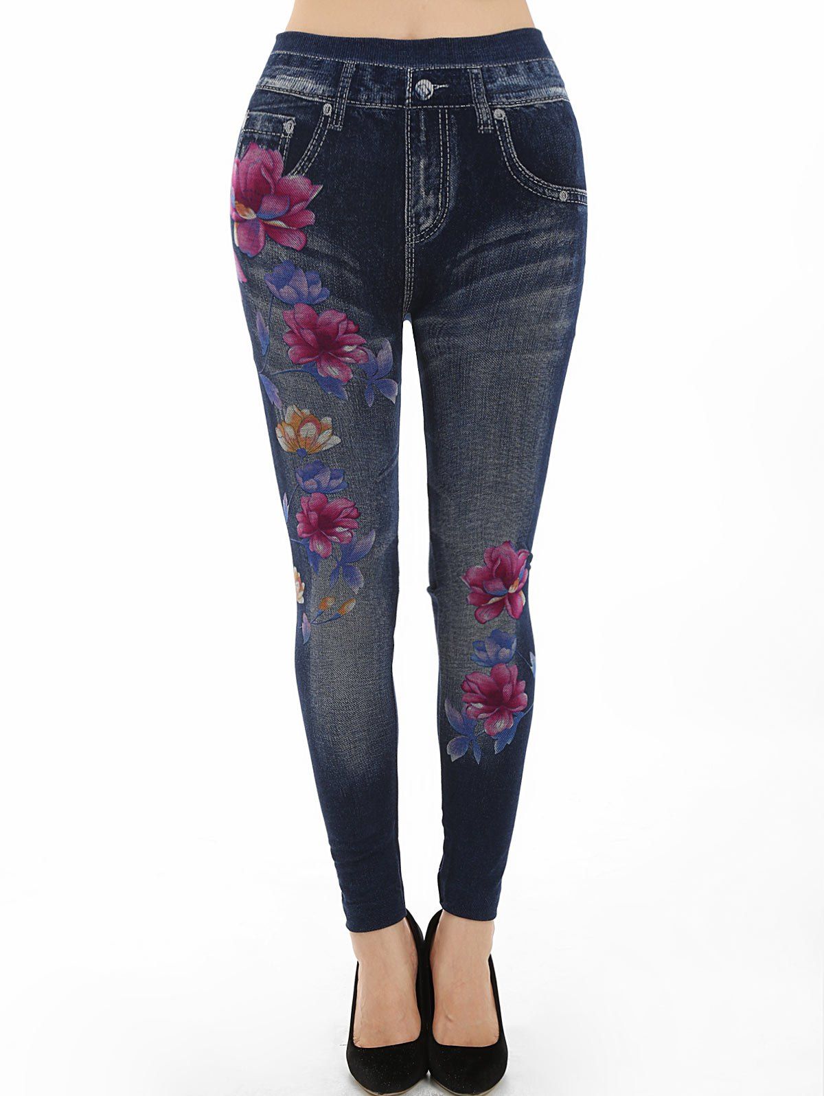 

Floral Print High Waisted Slim Jeggings, Denim dark blue