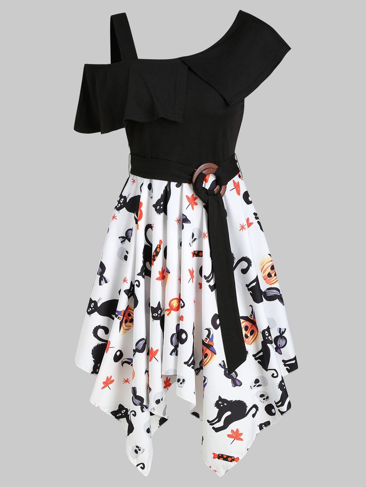 

Halloween Pumpkin Skull Skew Neck Asymmetrical Dress, Multi