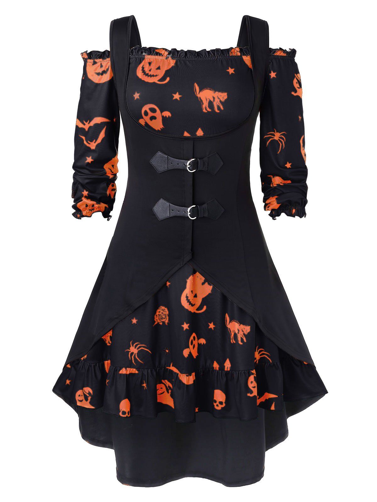 Robe d'Halloween Ligne A Vintage à Epaule Dénudée de Grande Taille avec Gilet en Couleur Unie Noir 1X