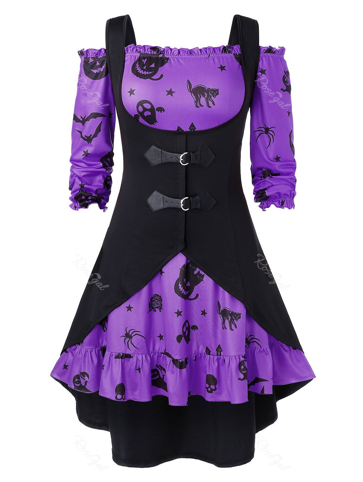 Robe d'Halloween Ligne A Vintage à Epaule Dénudée de Grande Taille avec Gilet en Couleur Unie Fleur Violet 4X