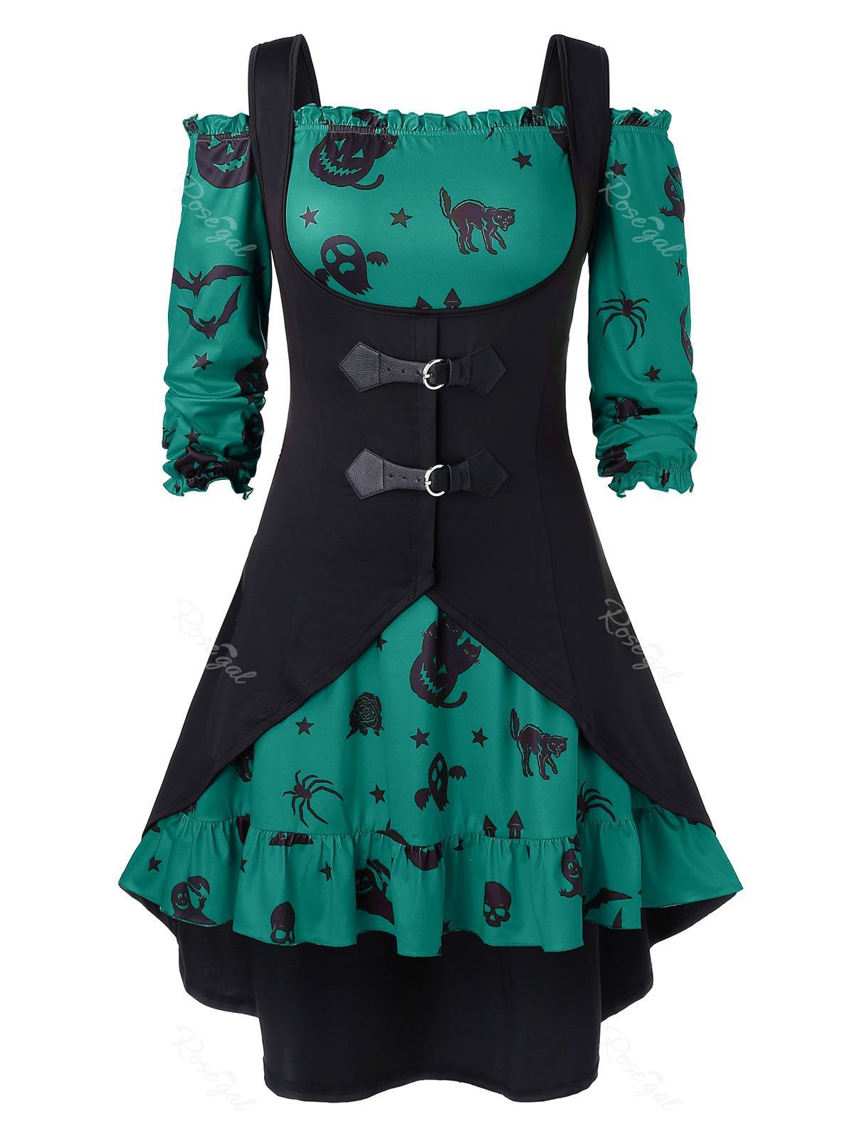 Robe d'Halloween Ligne A Vintage à Epaule Dénudée de Grande Taille avec Gilet en Couleur Unie Vert Tortue de Mer 3X