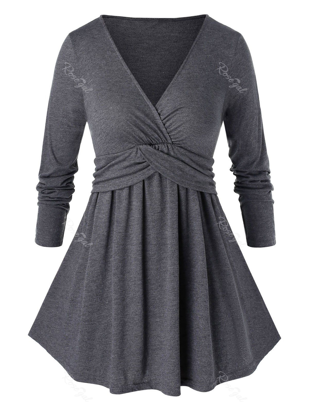 

Plus Size Plunge Surplice Long Sleeve T Shirt, Ash gray