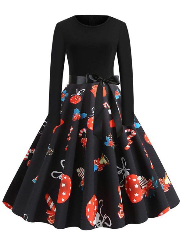 

Christmas Gift Print Long Sleeve Prom Dress, Multi-b