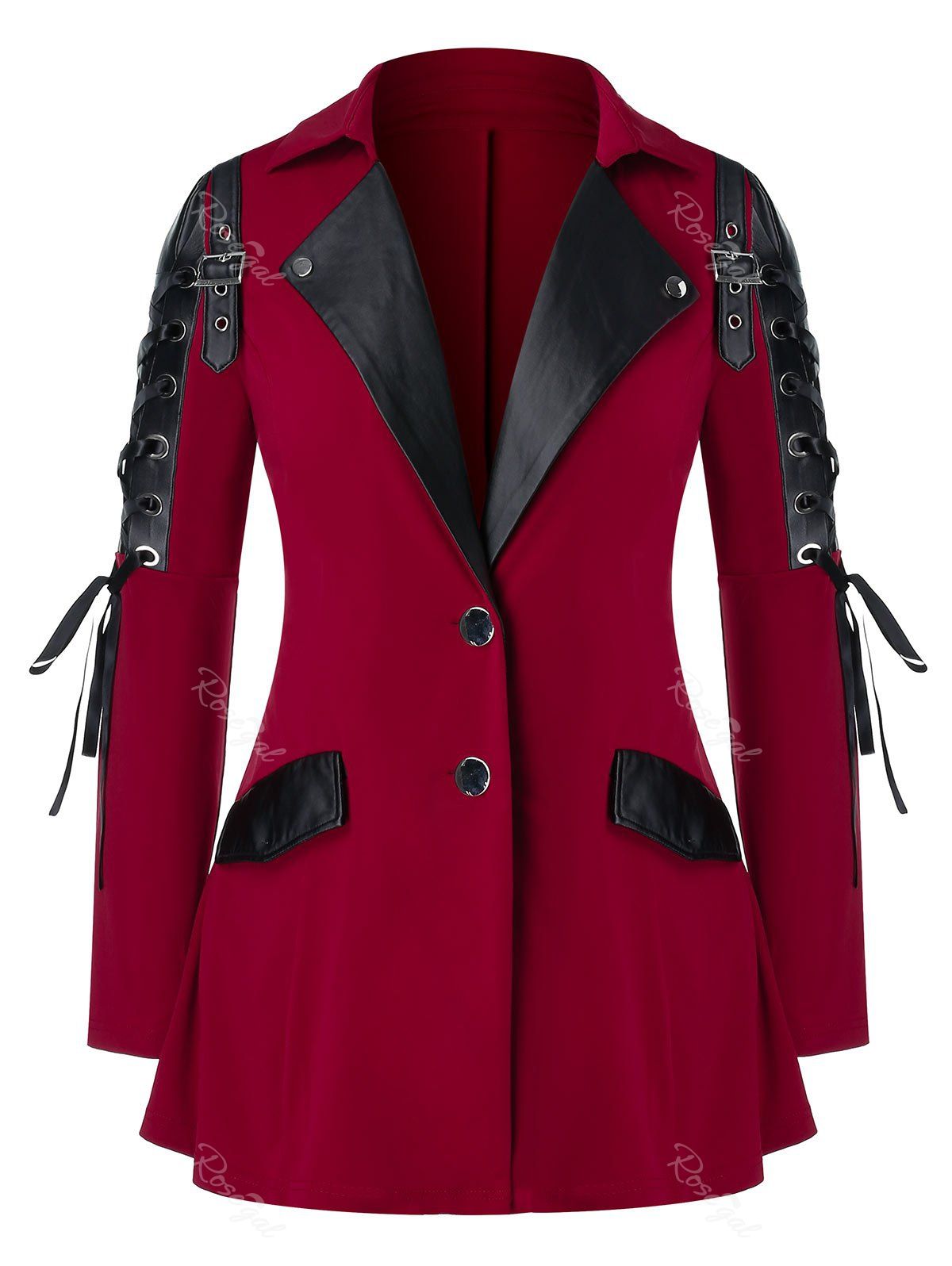 

Plus Size Lace Up Lapel Metal Eyelet Two Button Slit Blazer, Red wine