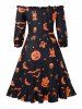 Robe d'Halloween Ligne A Vintage à Epaule Dénudée de Grande Taille avec Gilet en Couleur Unie - Noir 1X