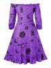 Robe d'Halloween Ligne A Vintage à Epaule Dénudée de Grande Taille avec Gilet en Couleur Unie - Fleur Violet 4X