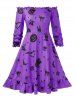 Robe d'Halloween Ligne A Vintage à Epaule Dénudée de Grande Taille avec Gilet en Couleur Unie - Fleur Violet 4X