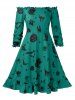 Robe d'Halloween Ligne A Vintage à Epaule Dénudée de Grande Taille avec Gilet en Couleur Unie - Vert Tortue de Mer 3X