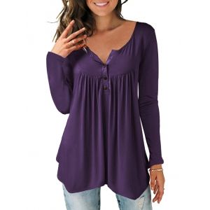

Half Button Asymmetric Long Sleeves Tee, Purple