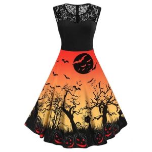 

Halloween Pumpkin Cat Print Sleeveless Dress, Pumpkin orange