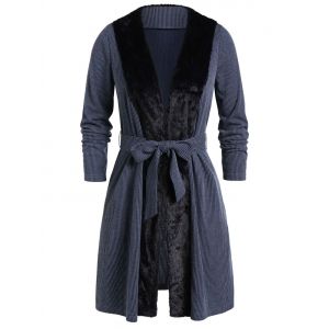 

Plus Size Faux Fur Panel Open Knitted Belted Coat, Blue gray