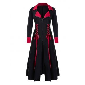 

Plus Size Two Tone Lace Up Zipper A Line Long Coat, Black