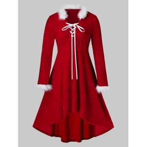 

Plus Size Christmas Velvet Lace Up High Low Midi Dress, Ruby red