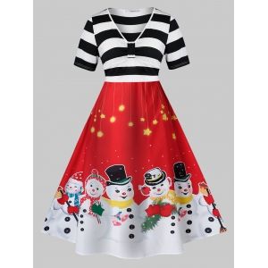 

Plus Size A Line Christmas V Neck Snowman Print Dress, Red