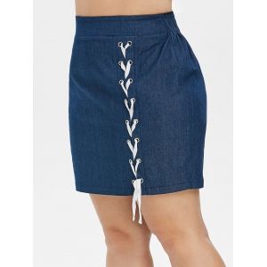 

Plus Size Lace-up Mini Denim Tube Skirt, Denim blue