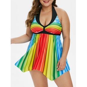 

Plus Size Handkerchief Rainbow Stripe Skirted Tankini Swimsuit, Multi