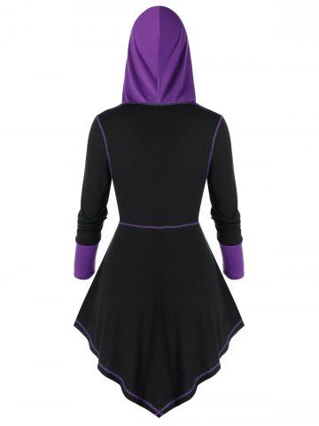 

Plus Size Hooded Asymmetrical Two Tone Metal Eyelet Tee, Black