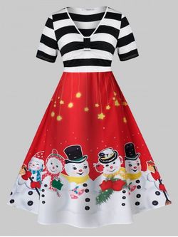 Plus Size A Line Christmas V Neck Snowman Print Dress - RED - L