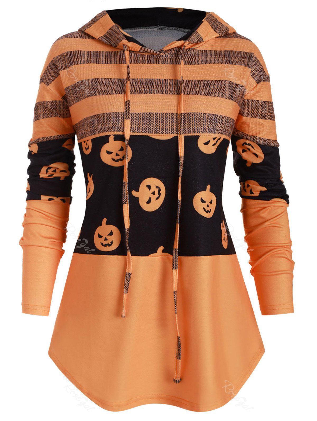 

Drawstring Curved Hem Pumpkin Halloween Plus Size Hoodie, Bee yellow