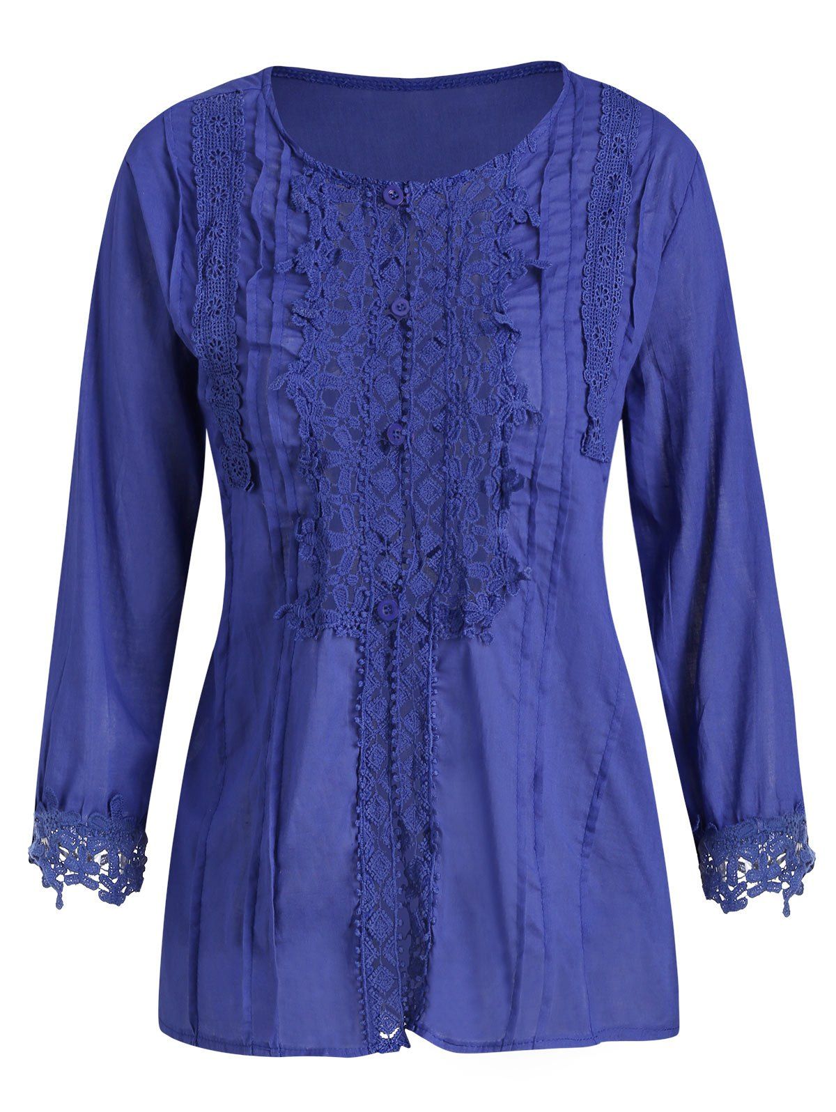 

Lace Panel Loop Button Three Quarter Sleeve Blouse, Blue