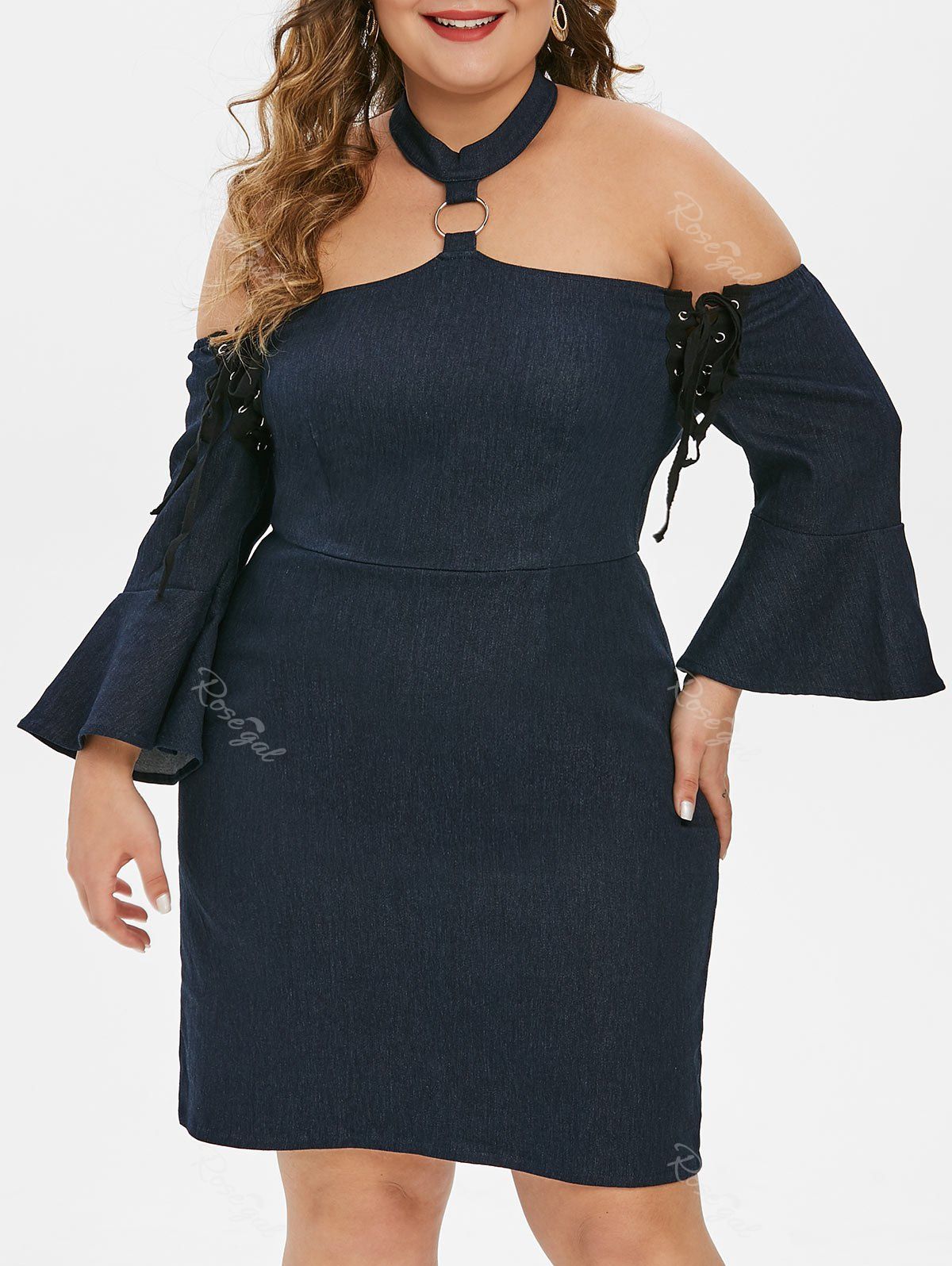 

Plus Size Bell Sleeve Lace Up Denim Bodycon Dress, Deep blue