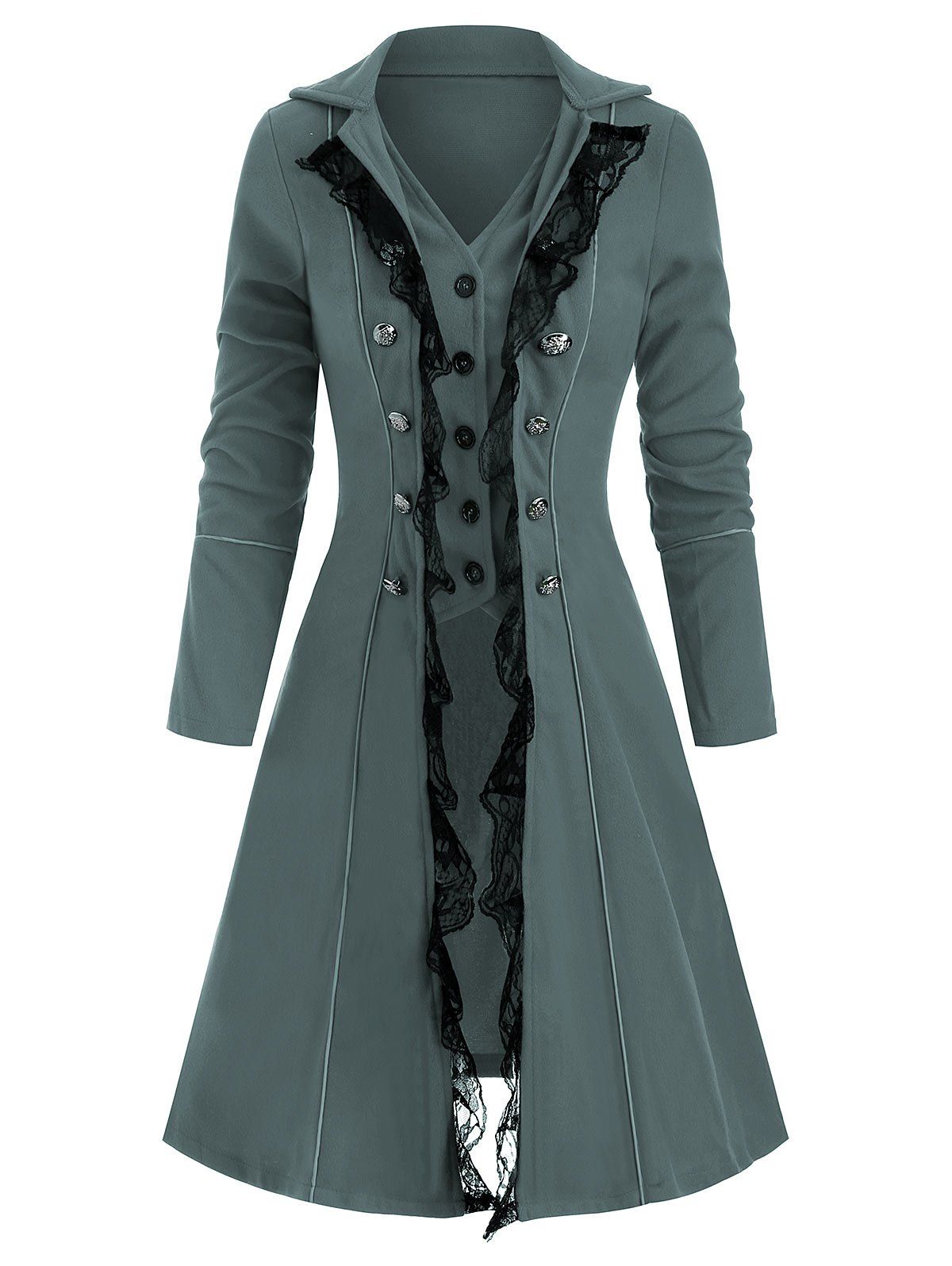 

Button Up Lace Panel Lapel Coat, Gray