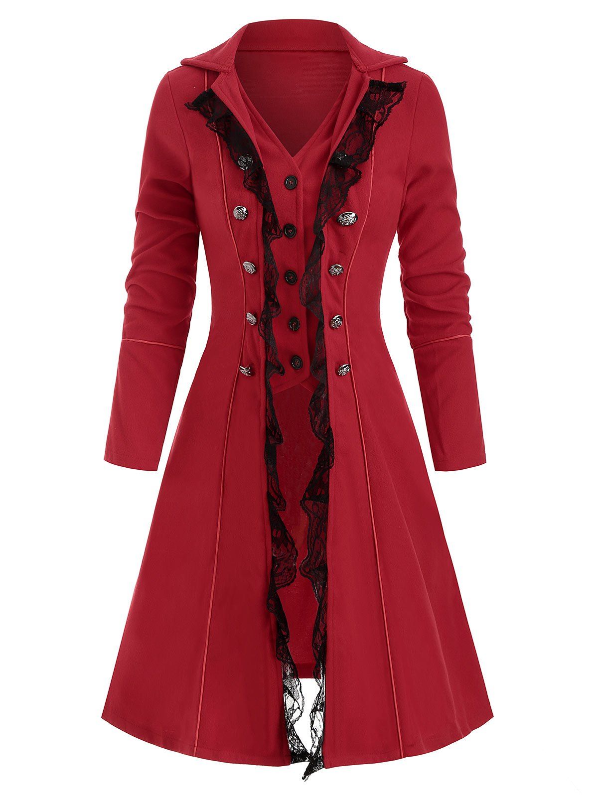 

Button Up Lace Panel Lapel Coat, Red