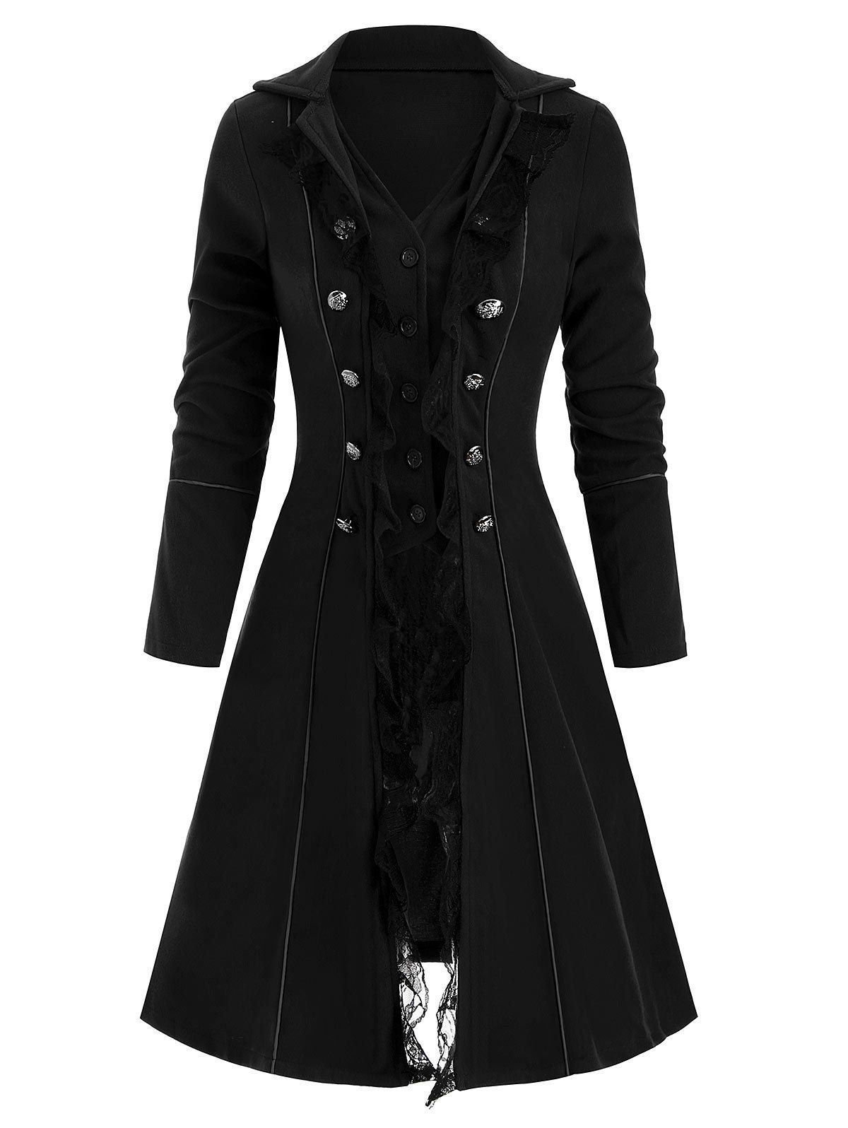 

Button Up Lace Panel Lapel Coat, Black