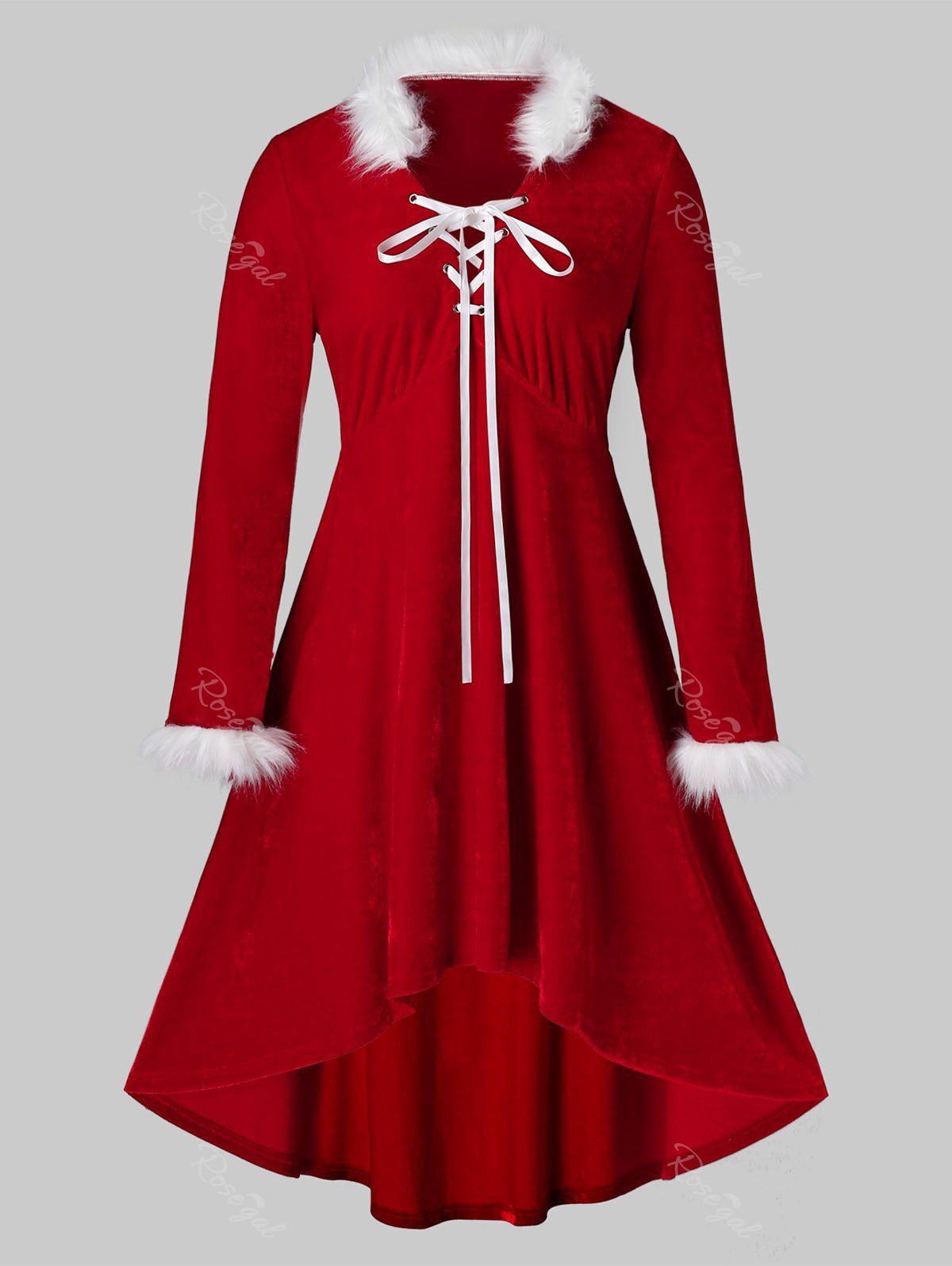 Robe Mi-Longue de Noël Haute Basse en Velours Grande Taille à Lacets Rouge Rubis L