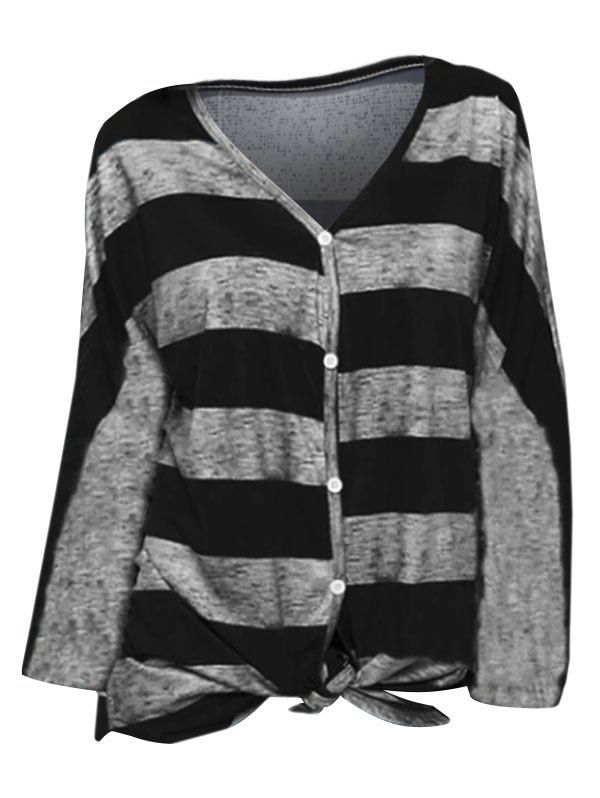 

Striped V Neck Buttoned Knotted Top, Gray