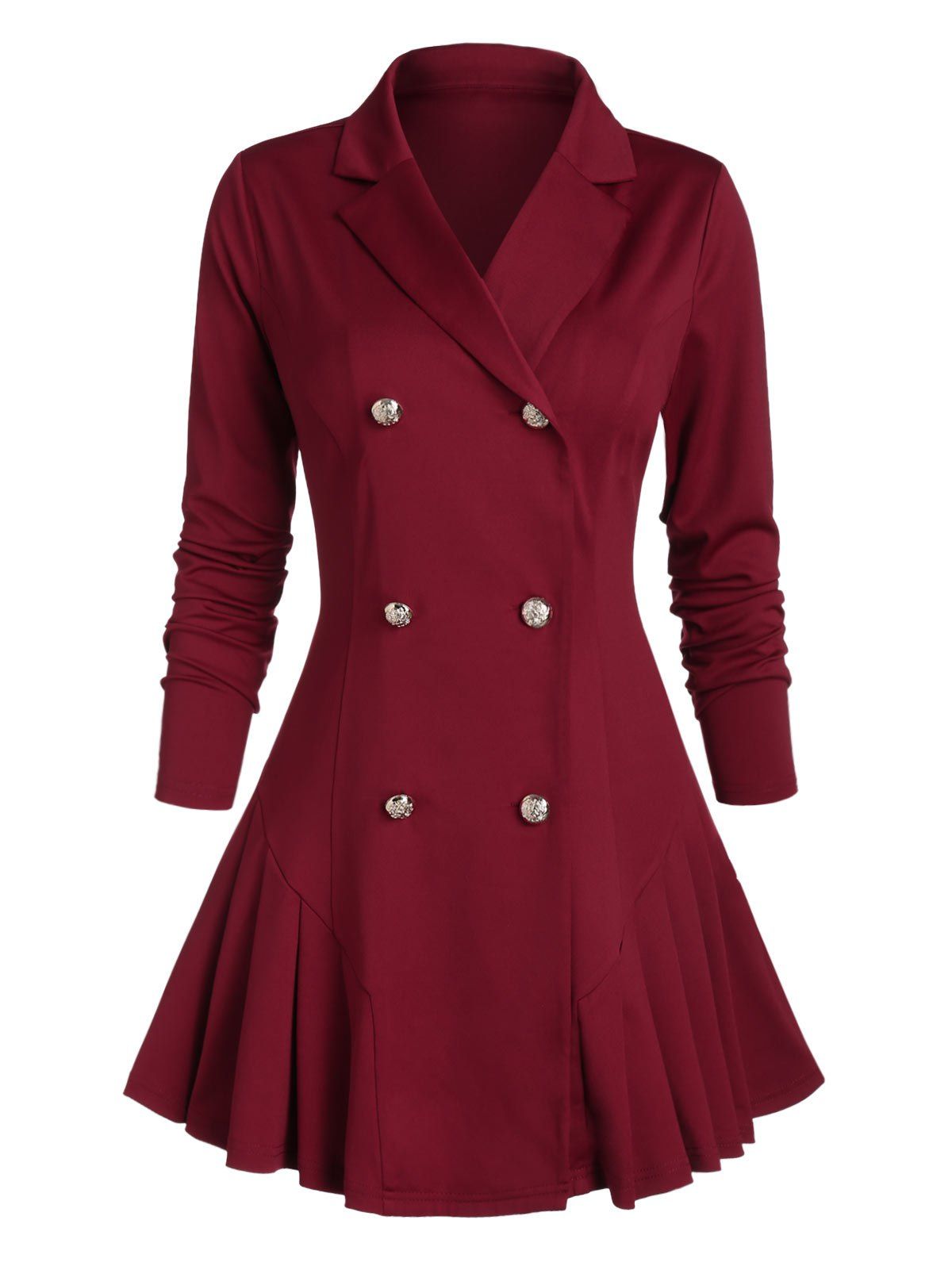 

Lapel Double Breasted Pleated Skirted Coat, Red wine