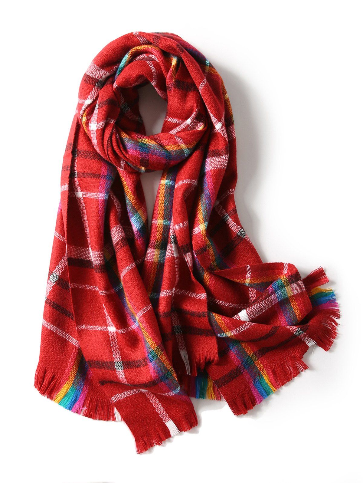 

Plaid Pattern Double Sided Fringe Long Scarf, Red