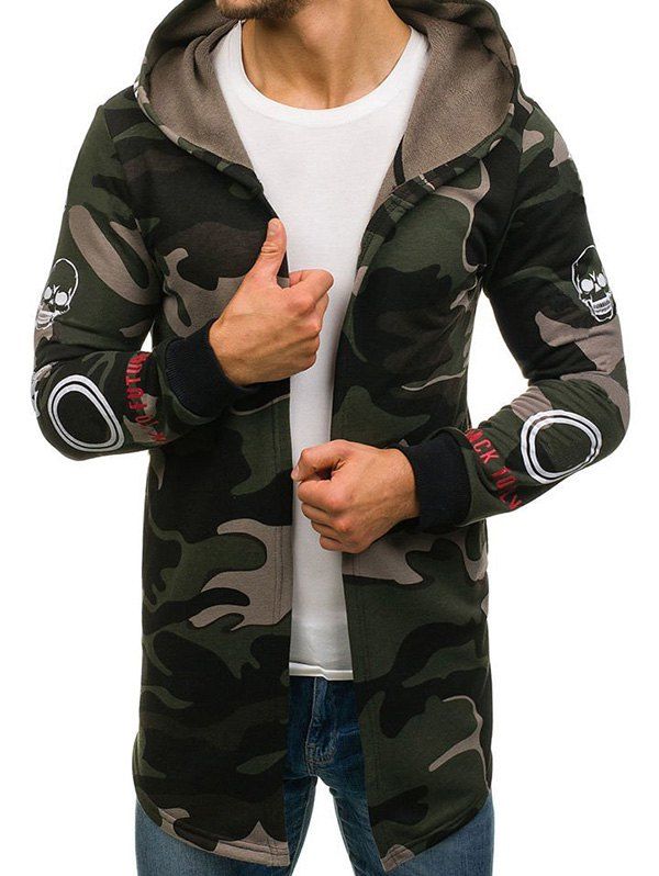 

Skull Graphic Camouflage Open Front Longline Hoodie, Army green