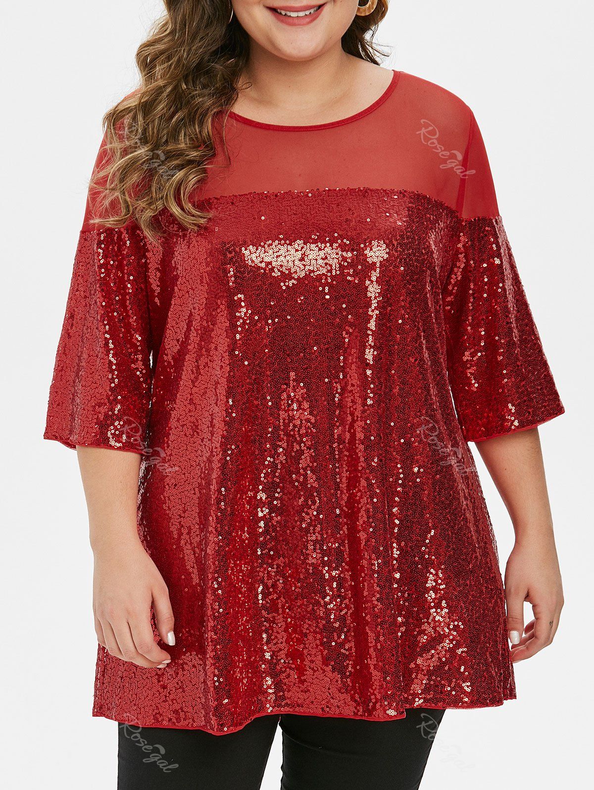 

Plus Size Mesh Insert Sequins Tee, Chestnut red