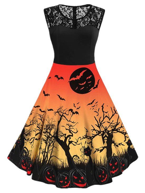 

Halloween Pumpkin Cat Print Sleeveless Dress, Pumpkin orange