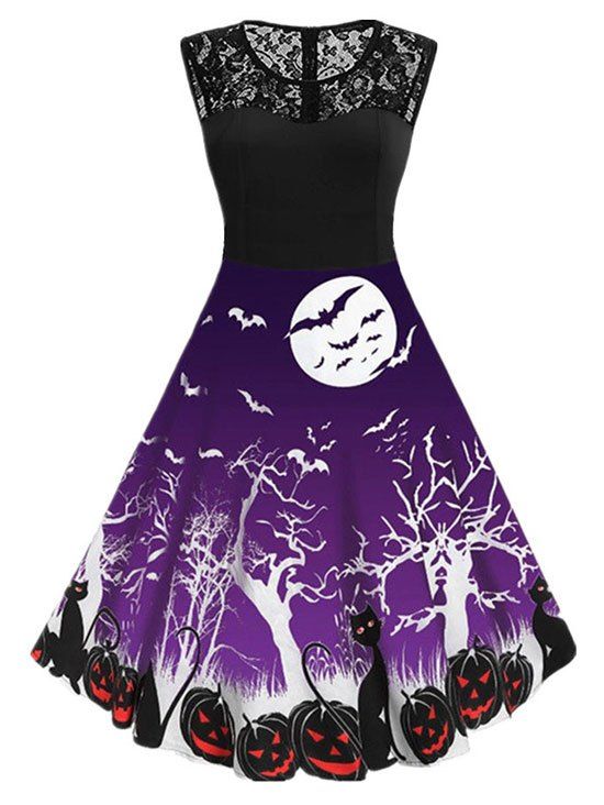 

Halloween Pumpkin Cat Print Sleeveless Dress, Violet