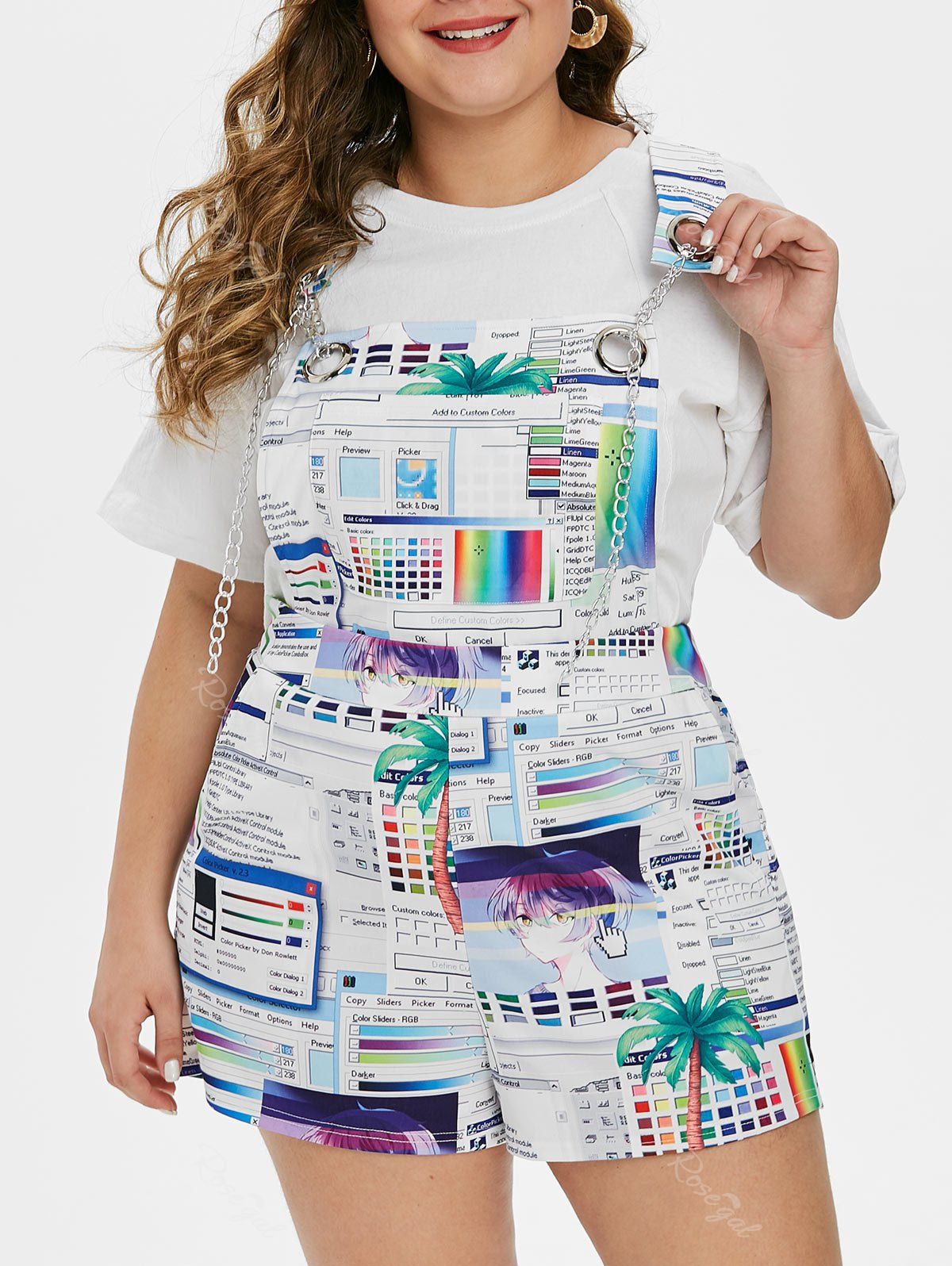 

Plus Size Criss Cross Computer Glitch Chains Overalls, Multi