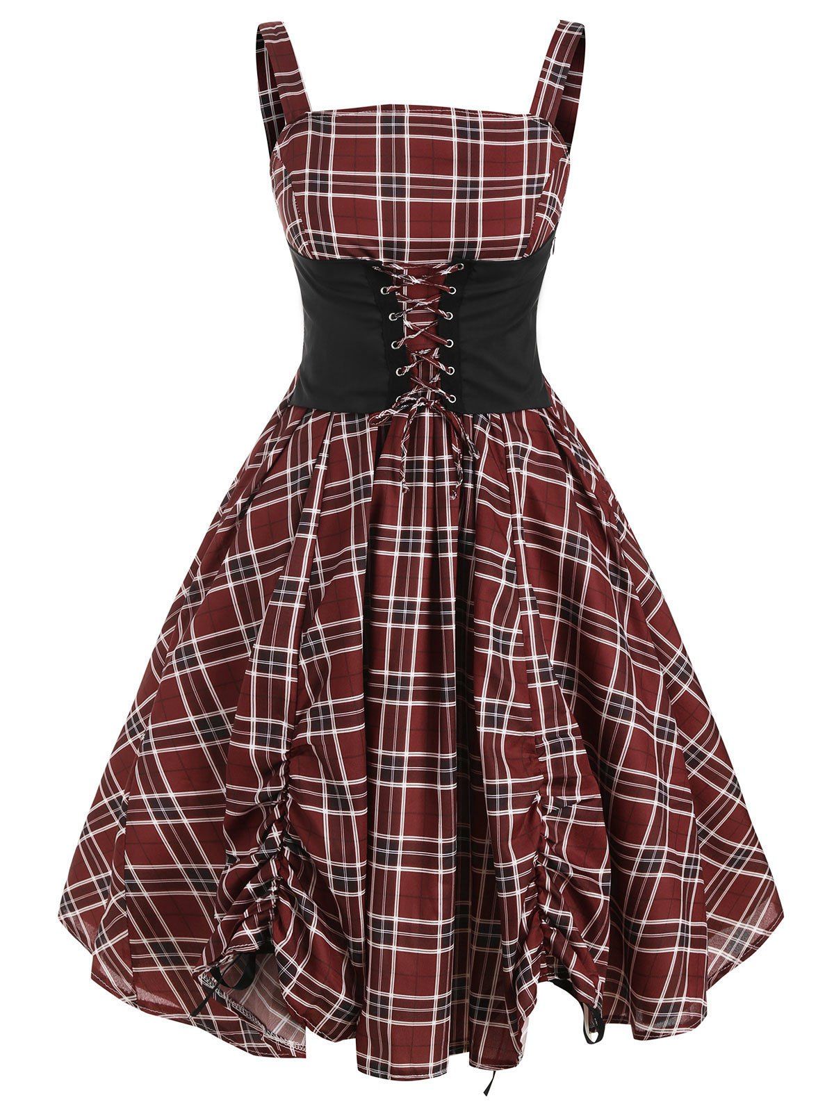 

Lace Up Plaid Ruched Tied A Line Dress, Red wine