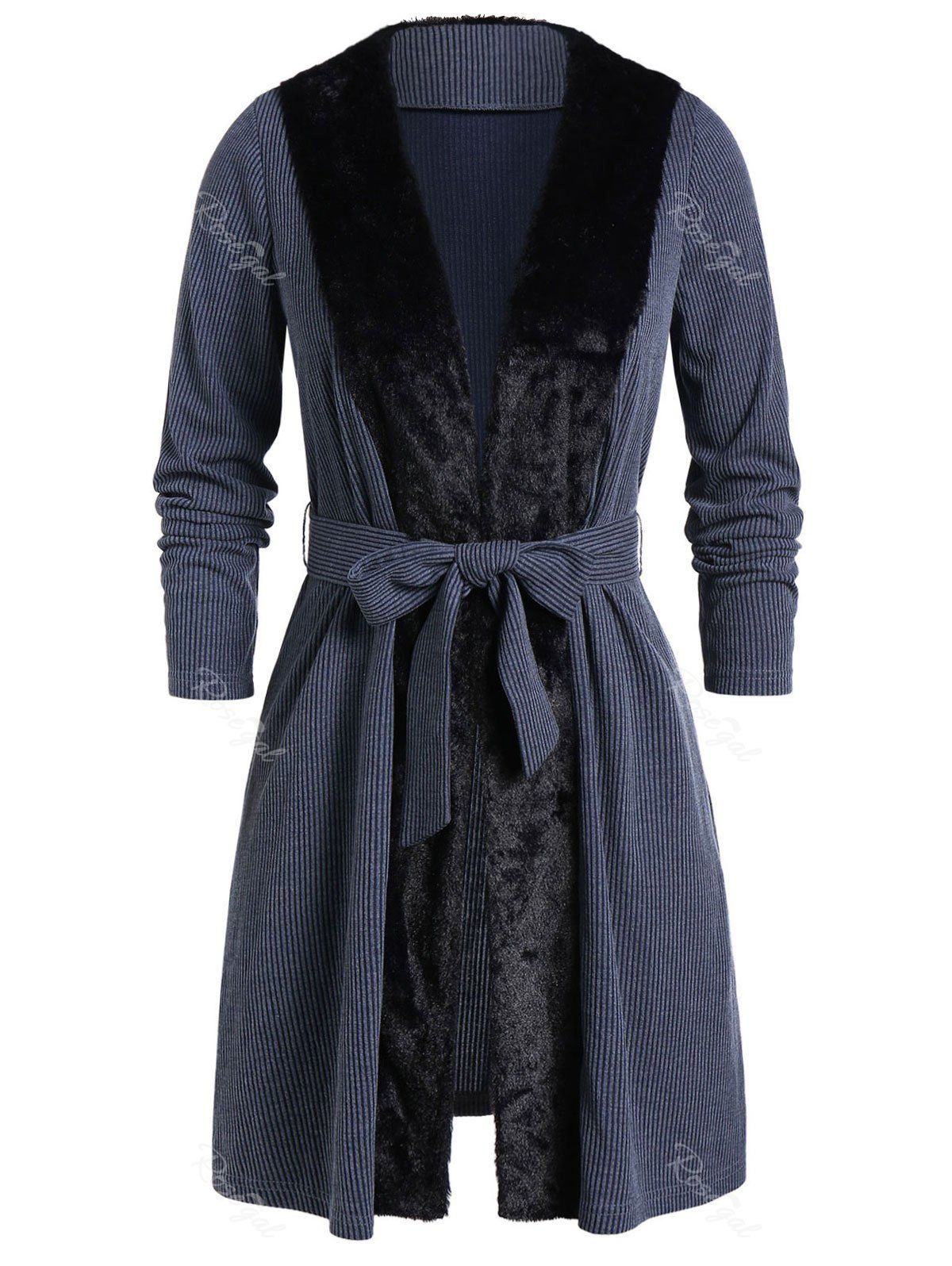 

Plus Size Faux Fur Panel Open Knitted Belted Coat, Blue gray