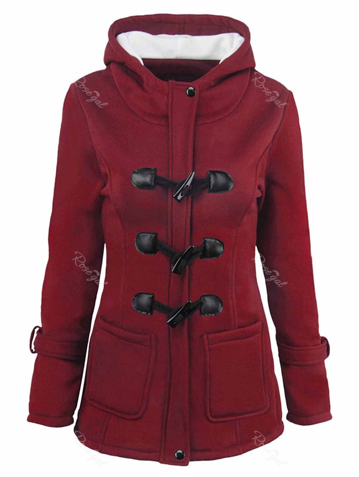 

Plus Size Fleece Lining Hooded Horn Button Jacket, Red wine