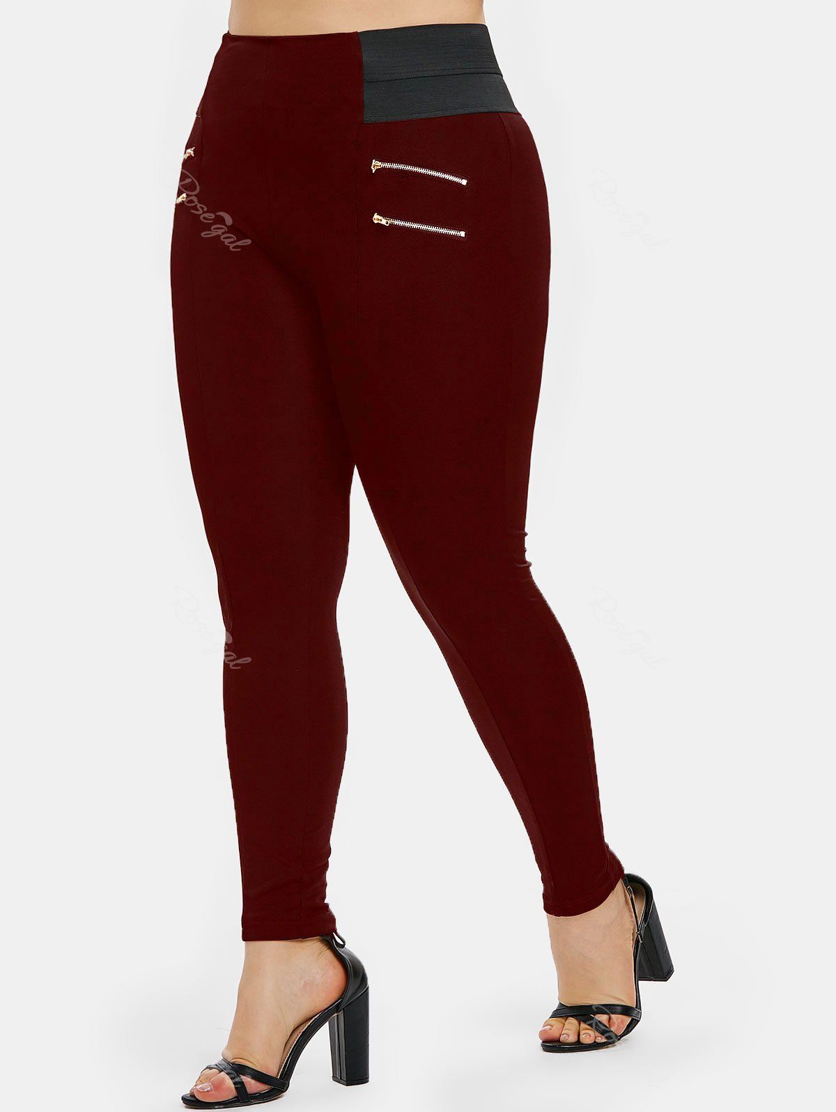 

Plus Size Zips Embellished Elastic Waist Leggings, Blood red