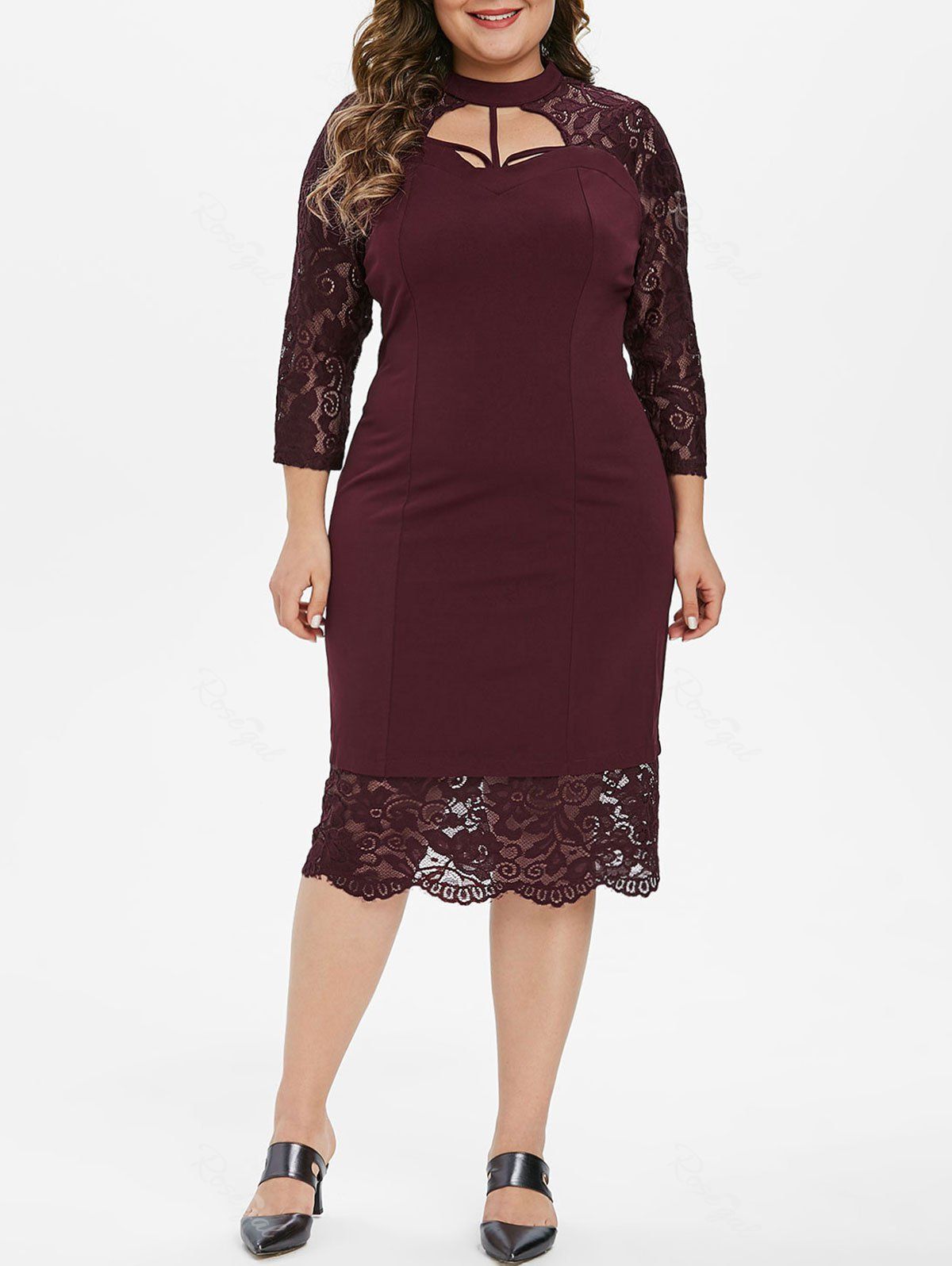 

Long Sleeve Strappy Cut Out Lace Panel Plus Size Dress, Red wine
