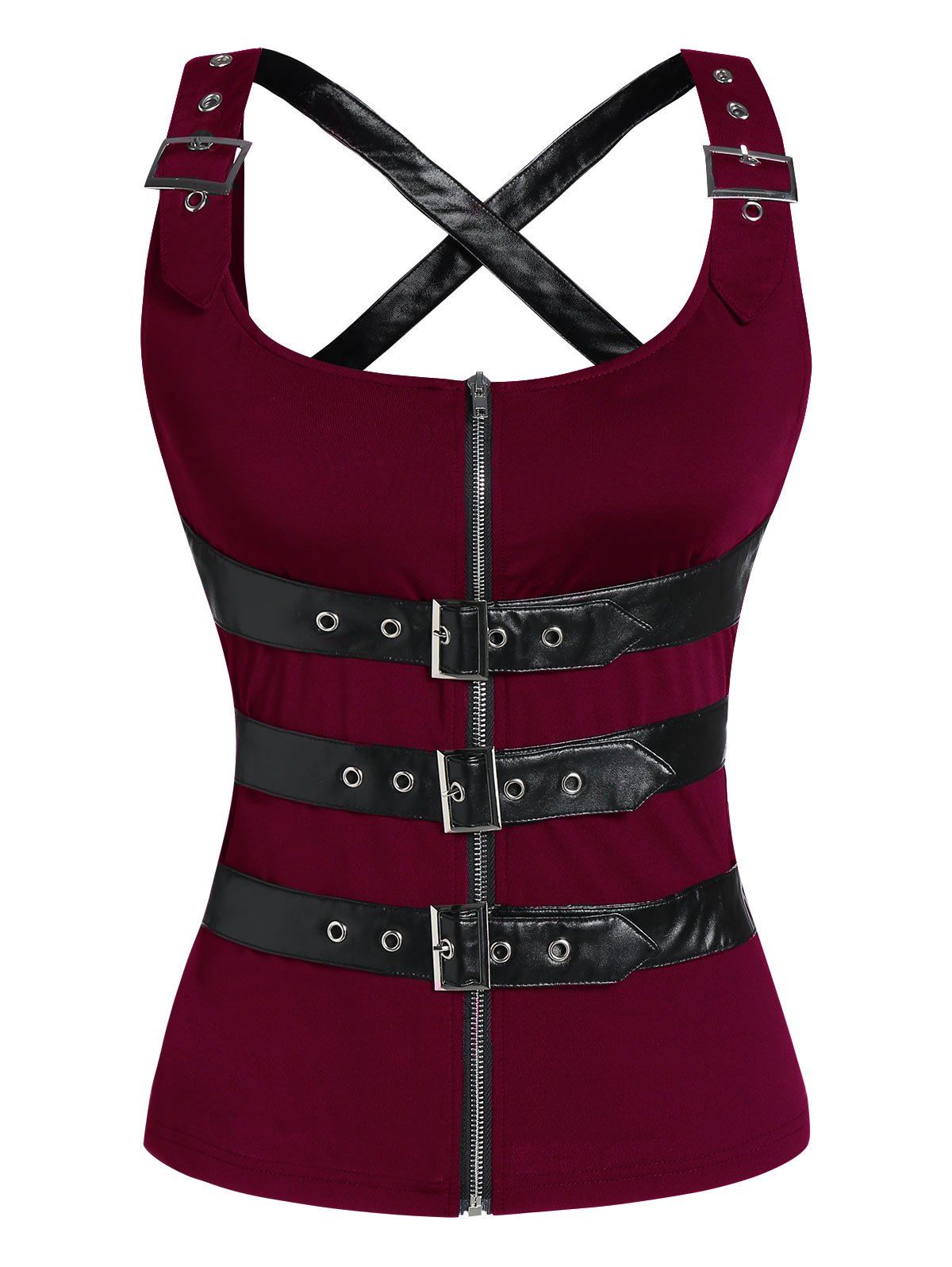 

Zip Up Cut Out Buckle Strap Gothic Tank Top, Firebrick