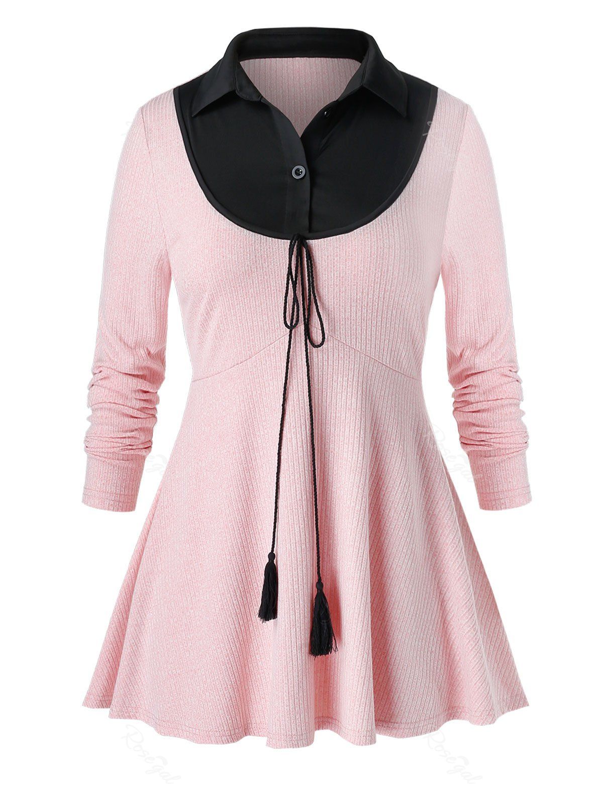 

Plus Size Two Tone Ribbed Tassel Tie A Line Knitwear, Light pink