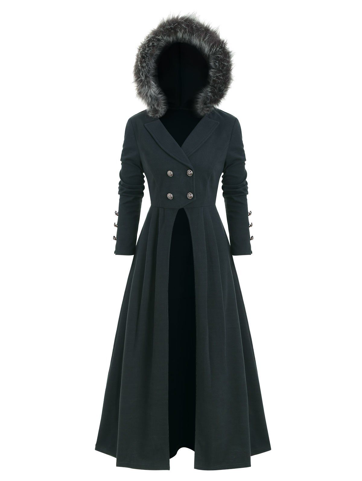 

Back Lace Up Asymmetric Fur Trim Hooded Coat, Dark gray