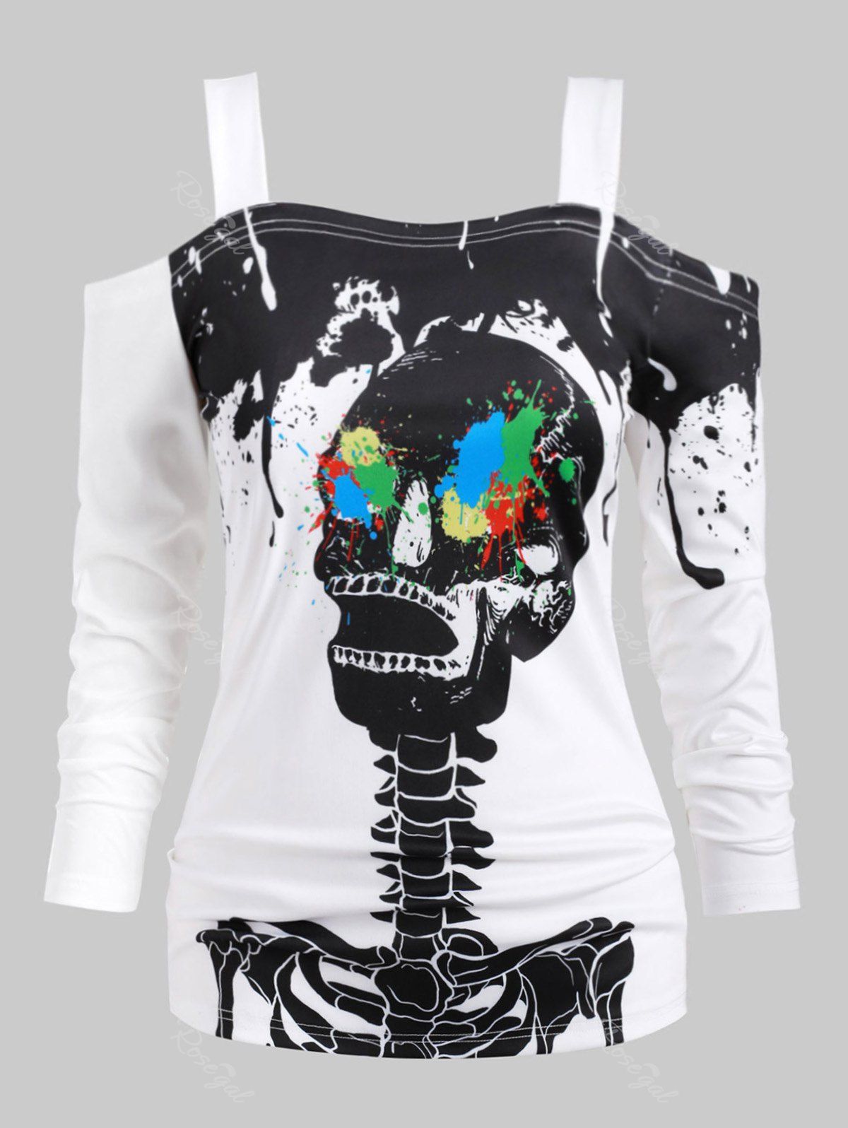 

Halloween Plus Size Splatter Paint Skeleton Print T Shirt, White