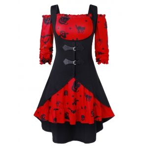 

Plus Size A Line Off The Shoulder Halloween Vintage Dress with Solid Vest, Lava red