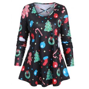 

Plus Size Christmas Tree Stocking Balloon Crisscross Tunic Top, Black