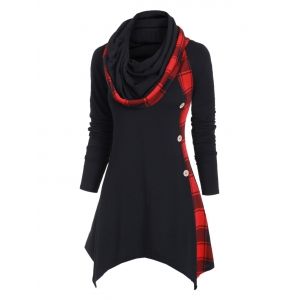 

Plaid Convertible Neck Button Embellished Asymmetrical T-shirt, Black