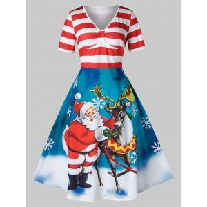 

Plus Size Christmas Vintage Santa Claus Elk Print Party Dress, Red
